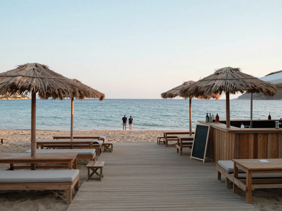 Ξύλινη βεράντα beach bar με ψάθινες ομπρέλες και μακρινούς λουόμενους σε γαλάζια νερά