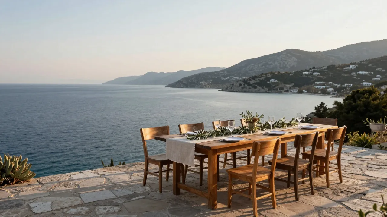 Lakeside terrace near Kalamata set with long tables and olive branches above the Messenian Gulf at golden hour.