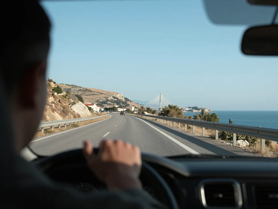 View from a moving car on the Athens-to-Patras motorway with the Corinthian Gulf and dry hills beyond.