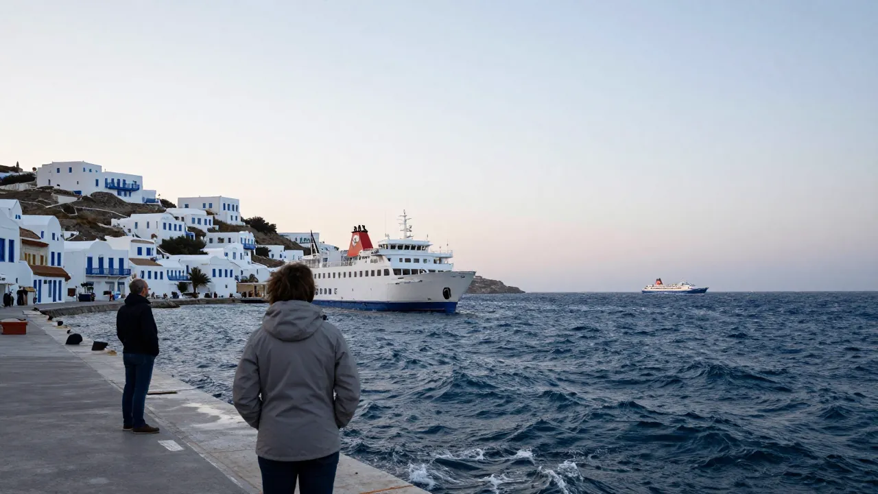 A person from behind watches a distant ferry from a windy Greek island dock at dawn.