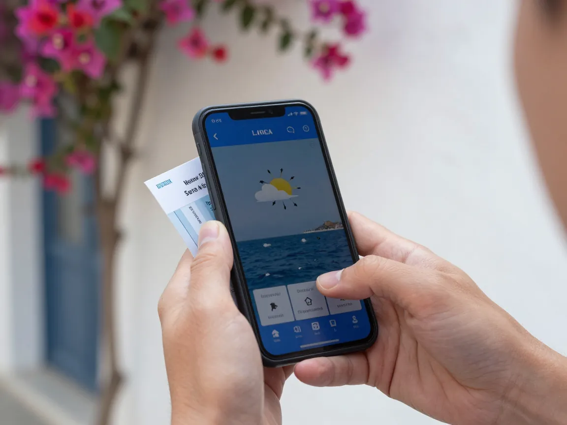 Hands hold a phone displaying a weather map and a ferry ticket tucked nearby.