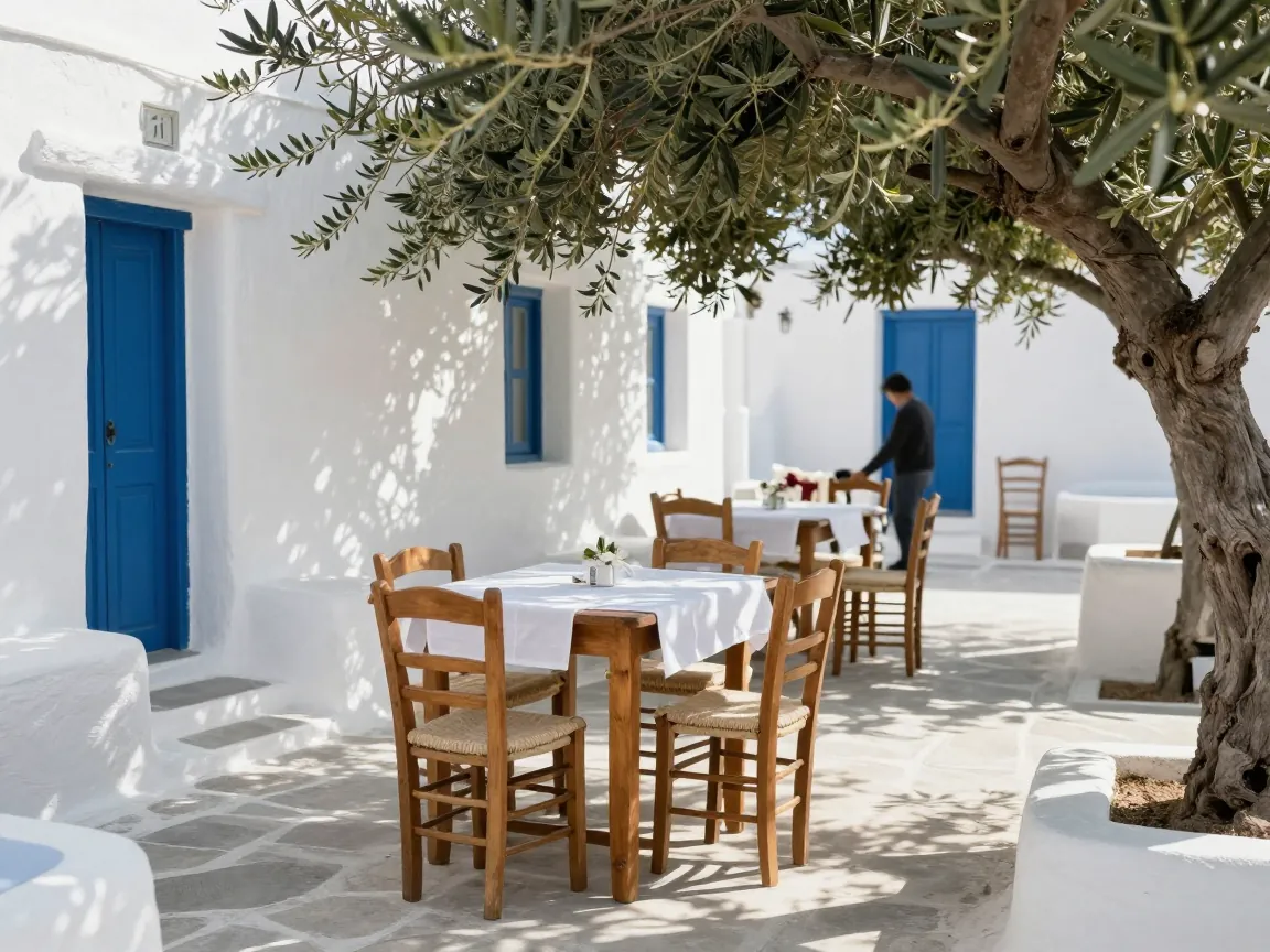 An empty whitewashed Greek island venue with a wooden table and chairs in dappled sunlight.