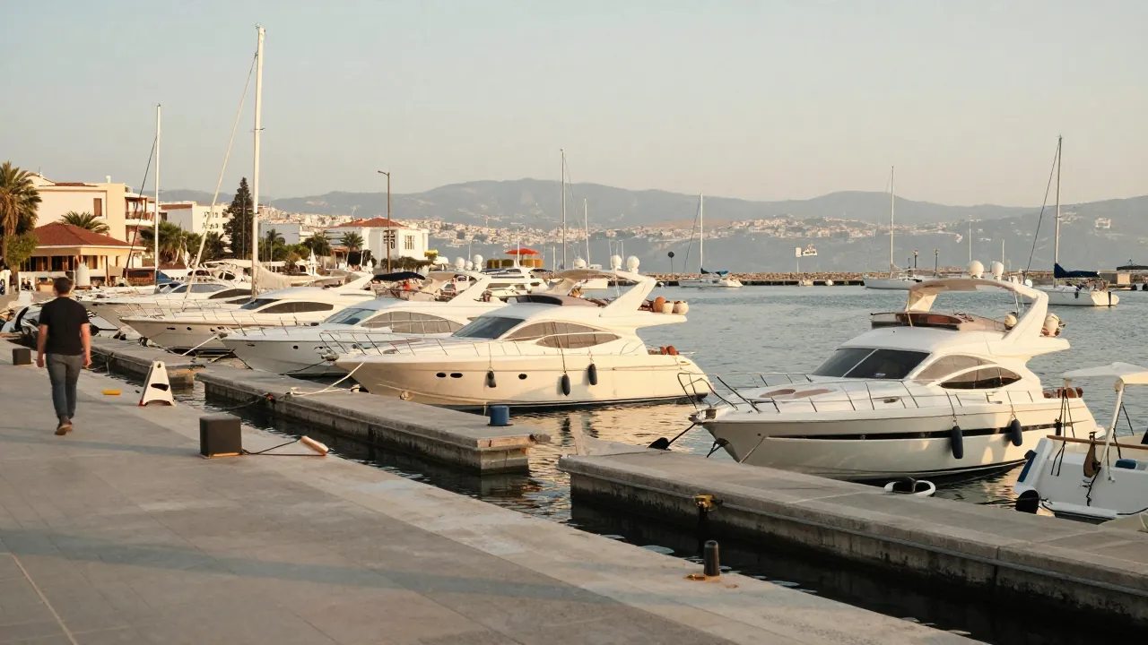 Golden hour at a Mediterranean marina with moored yachts and a distant figure on the dock.