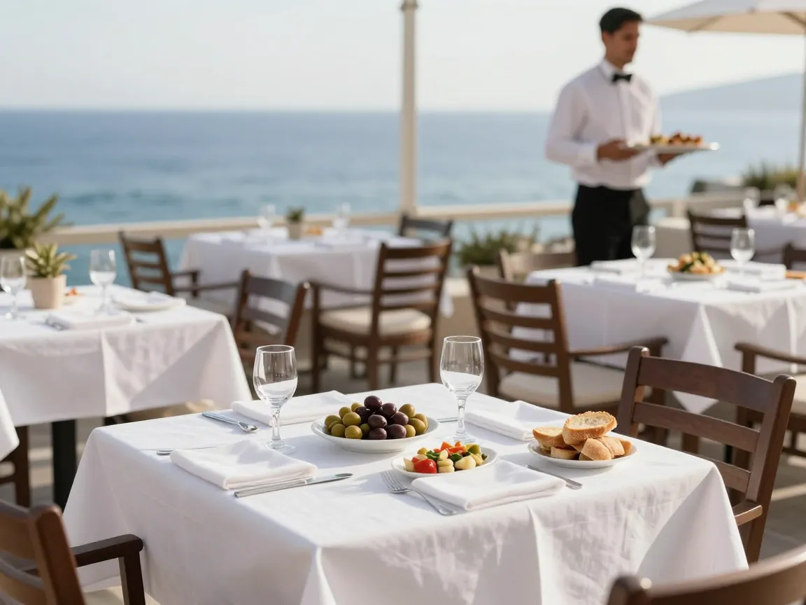 Terrace with set tables and appetizers, a blurred waiter carrying a tray in the background.