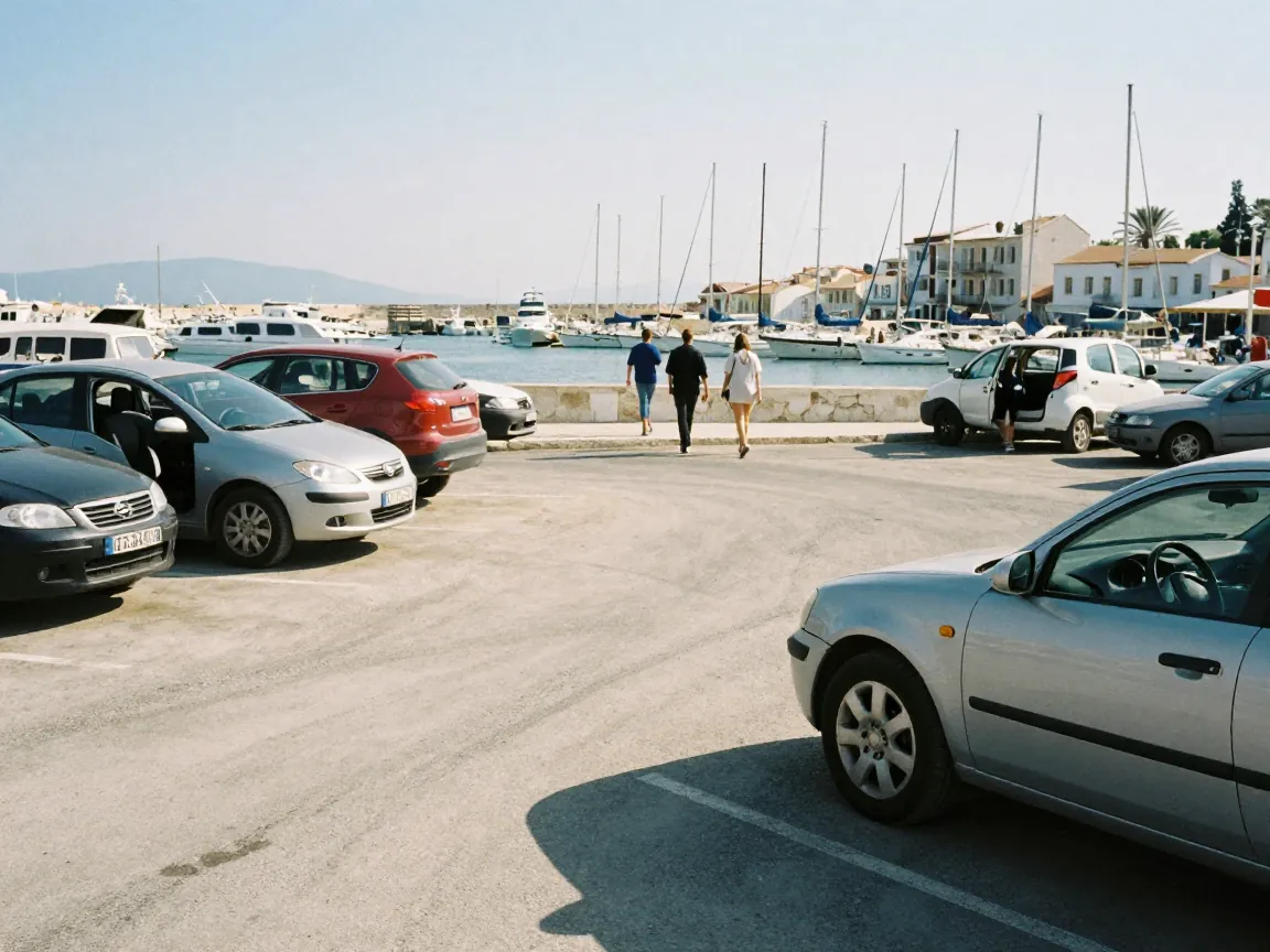 Cars parked near a marina with people walking away, boats visible beyond a low wall.