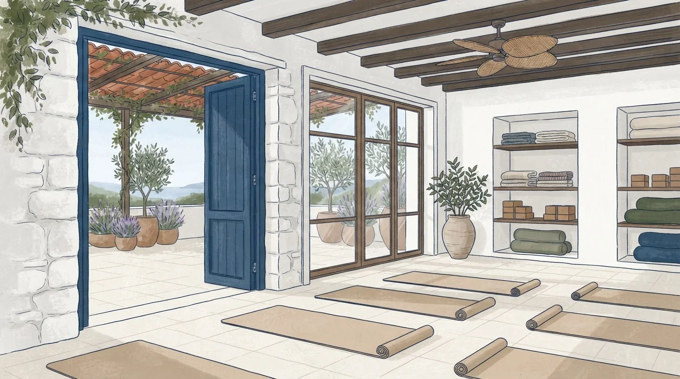 Illustrated venue setting: A yoga retreat room needs a dry-day and wet-day plan